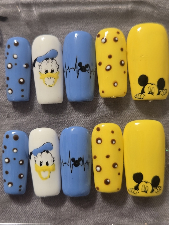 Handmade Other - Disney-Inspired Blue & Yellow Press-On Nails with Character Art